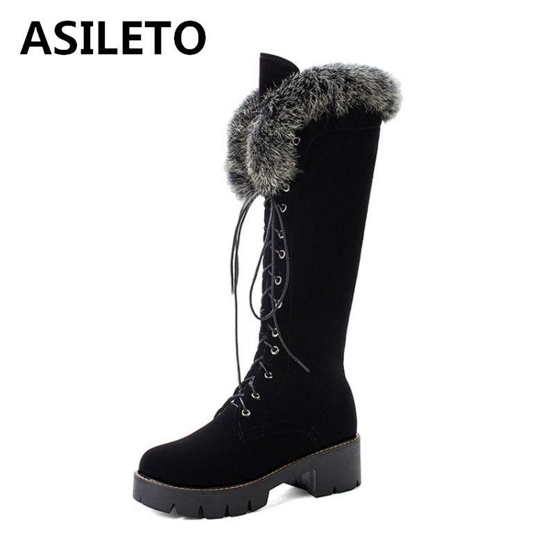 

ASILETO Fur Round Toe Faux Leather Square Heel Warm Short Plush Flock Zipper Lace up Snow knee warm Boots Black Size33-43 Winter