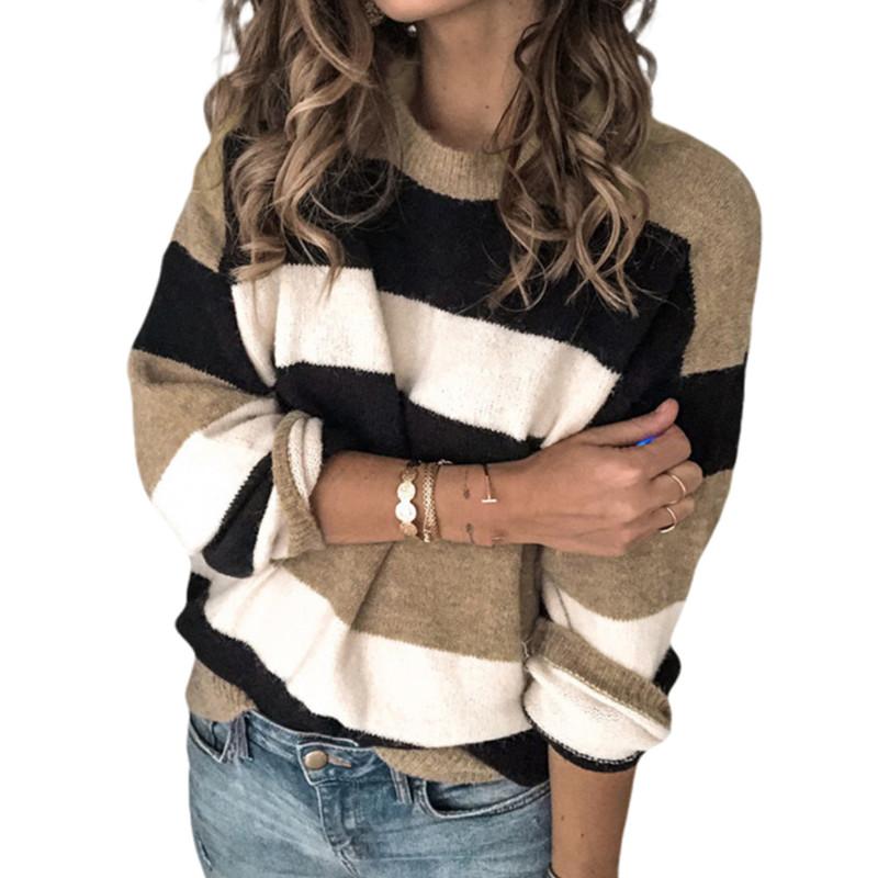 

Women Color Block Sweater, Autumn and Winter Casual Style Long Sleeve Round Neck Striped Pullover Daily Wear