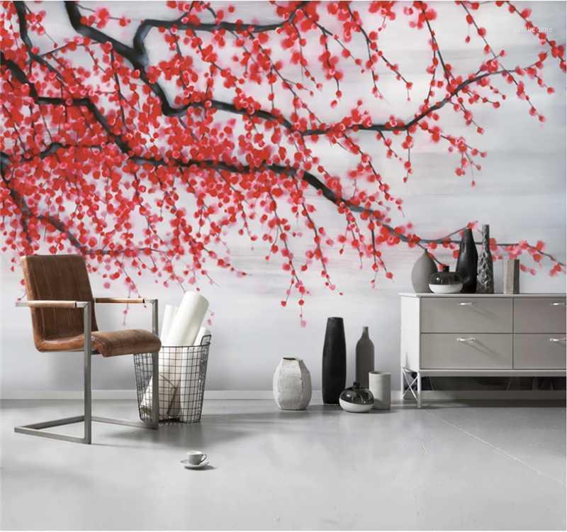 

XUE SU Custom mural wallpaper 3D/5D/8D new Chinese style hand-painted plum red plum bedroom decoration wall painting1, Silk material