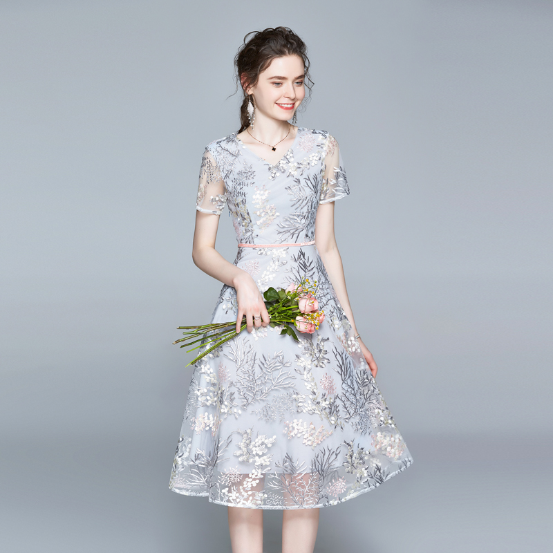 

2021 New Newest High Quality Luxury Runway Designer Party Women V-neck Spring and Summer Lace Embroidery Long Es Bzhs, Gray