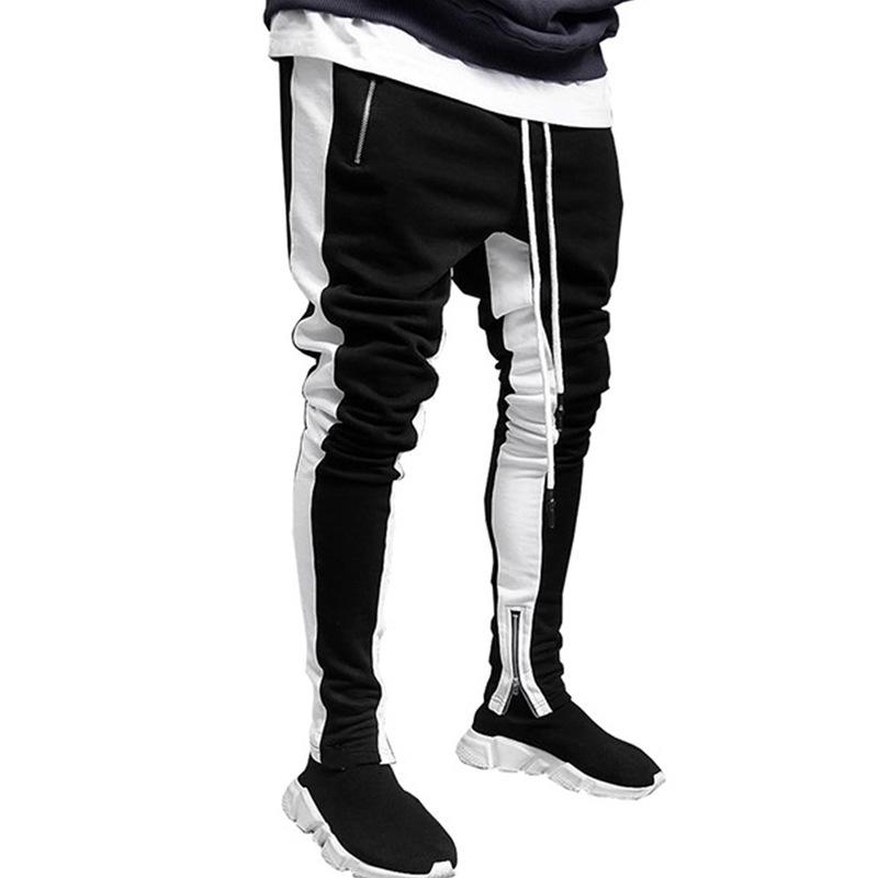 

European-sized men' fashionable casual sports pants color matching slim-fit feet zipper sports jogging pants for men, Black
