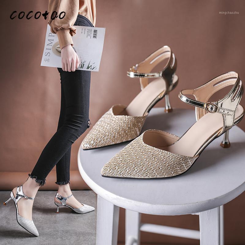 

French High-heeled Shoes 2020 Spring And Summer New Word Buckle With Pointed Stiletto Heel Shoes Fairy Wild Sandals1, Gold