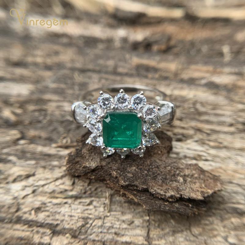 

Cluster Rings Vinregem Vintage 100% 925 Sterling Silver Asscher Cut Created Moissanite Emerald Gemstone Wedding Engagement Fine Jewelry, Golden;silver
