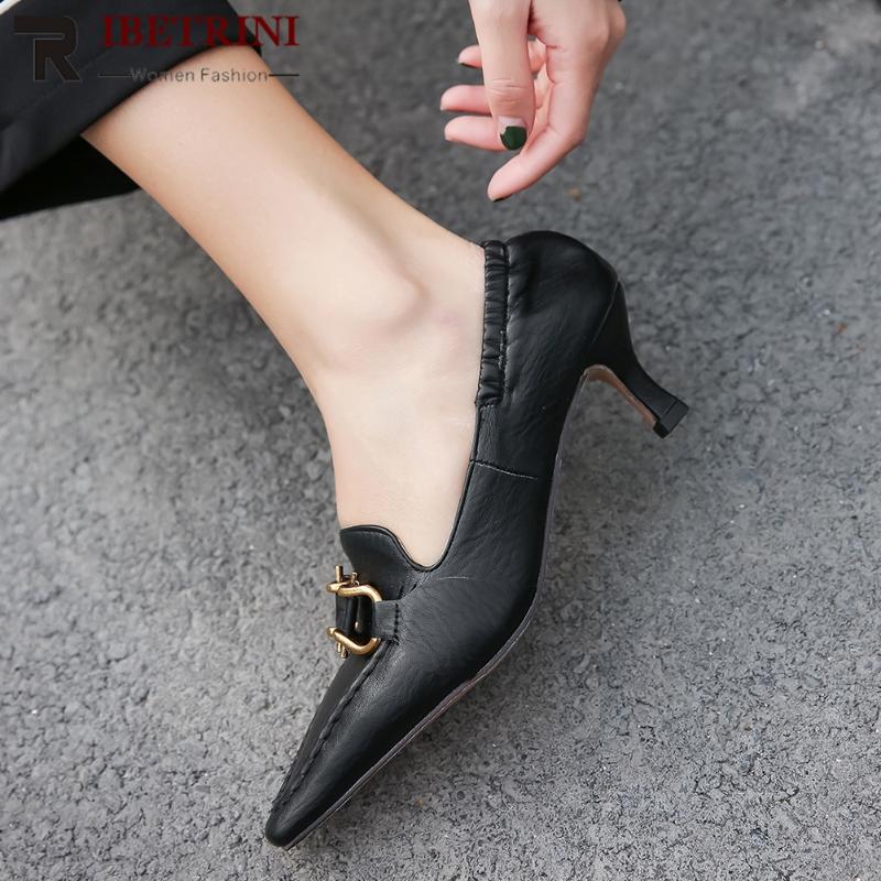 

RIBETRINI Retro Female Metal Pointed Toe Pumps Thin Heel Slip On Shallow Sewing Pumps Women 2020 Office Spring Shoes Woman, Black
