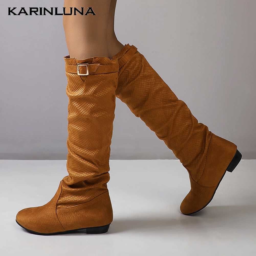 

Brand Fashion Stretch Fabric Slip-On Round Toe Knee High Boots Elegant Buckle Straps Pleated Flat with Short Plush Women shoes, Black