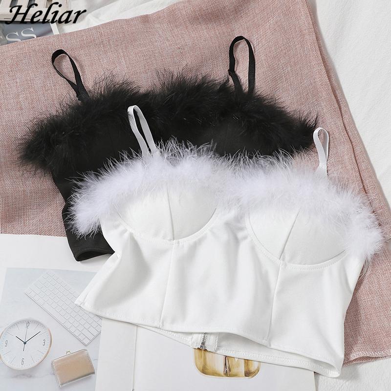 

HELIAR Plush Short Camis Women White Crop Tops Zipper Shoulder strap Sexy Sweet Bra Tops Ladies Rock Casual Camisole, Black