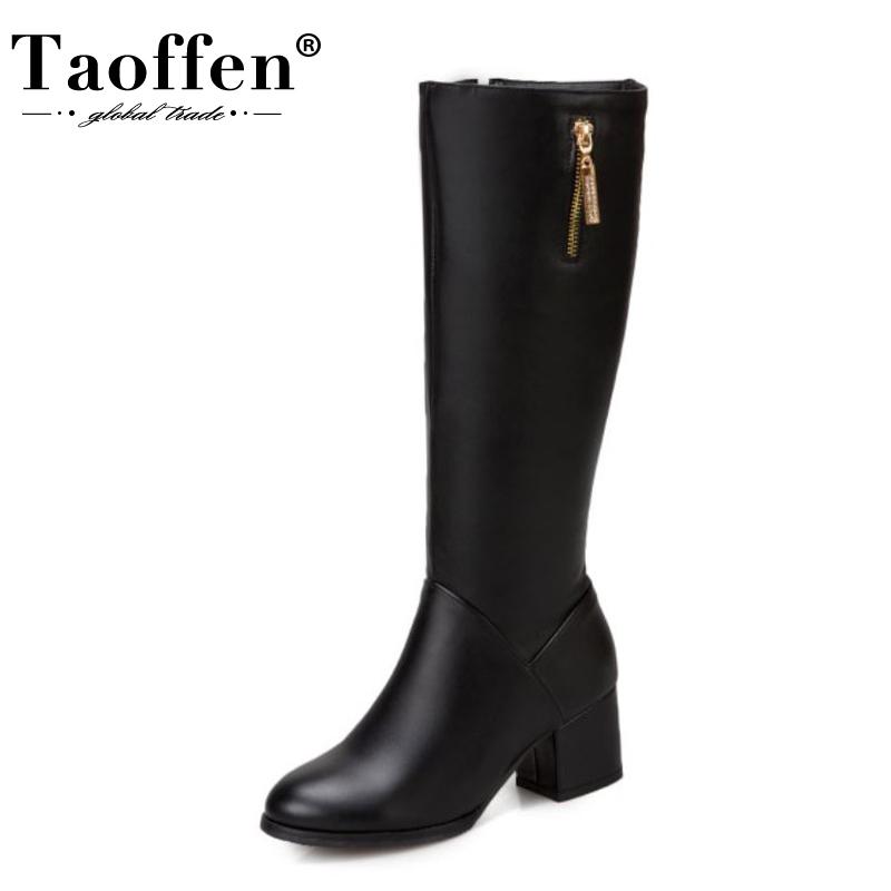 

TAOFFEN Women Knee High Boots Round Toe Thick Heel Zipper Solid Color Metal Decoration Winter Boots Female Footwear Size 32-43, Black 1