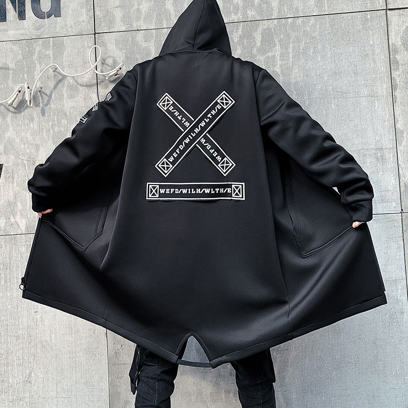 

2021 New Autumn Men Hooded Jackets Print Harajuku Windbreaker Ribbon Overcoat Male Casual Outwear Hip Hop Streetwear Coats Vndq, Black 2
