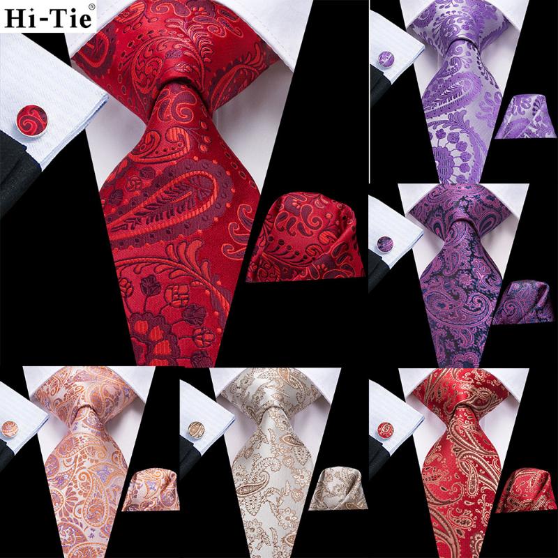 

Bow Ties Hi-Tie Mens Tie Red Blue Purple Paisley Silk Wedding For Men Hanky Cufflink Gift Set Business Party Fashion Drop