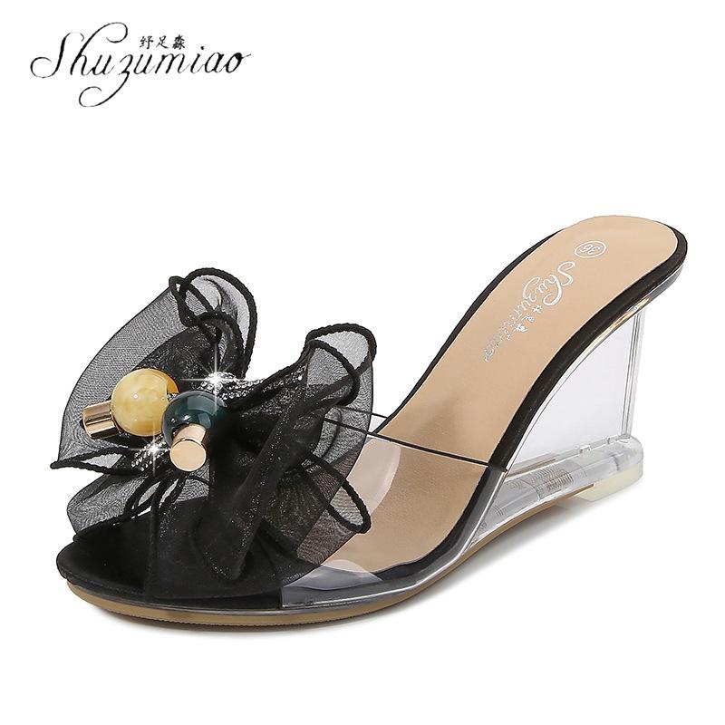 

SHUZUMIAO Bowknot Leisure Wedges Women Shoes 2021 Summer Shoes Women Sandals Two Ways To Wear Casual Woman Wedge Slippers, Pink slippers