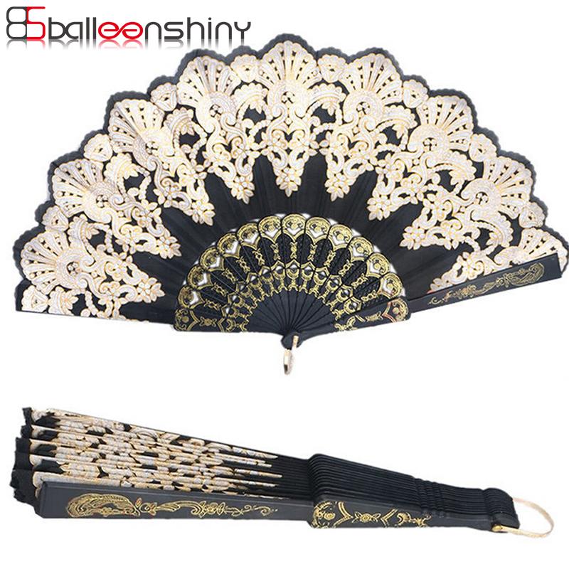 

BalleenShiny Luxury Fashion Bronzed Folding Fan Flower Lace Silk Dance Party Stage Performance Decoration Summer Hand Held Fan