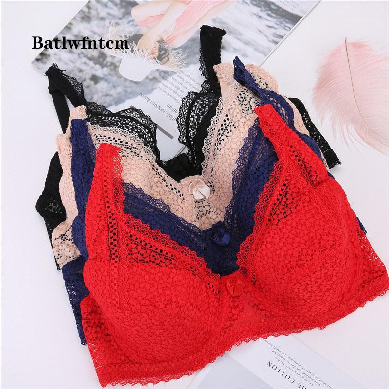 

New Large Size Lace Sexy Underwear Ultra-Thin Fat mm Large Cup Bra Breathing Thin Padded Gathering Bra1, Bean paste
