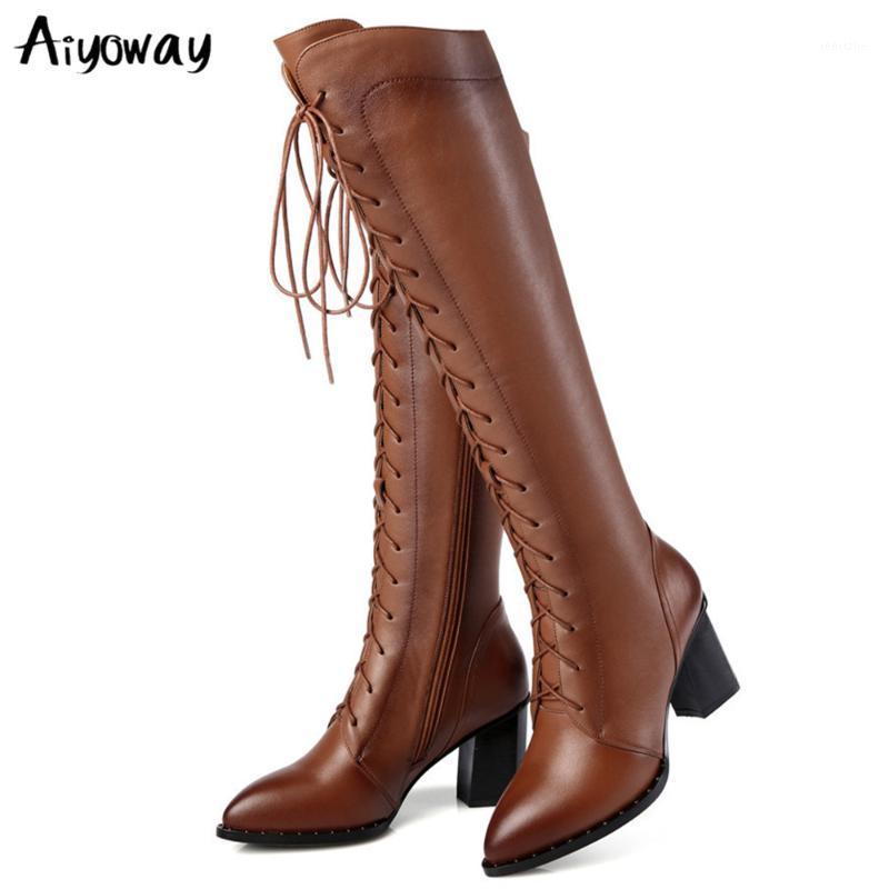 

Winter Autumn Knee High Boots Brand New Cow Leather Pointed Toe Zip Cross Tied Shoes Woman Casual Party Big Size 34-42 Aiyoway1, Black short plush