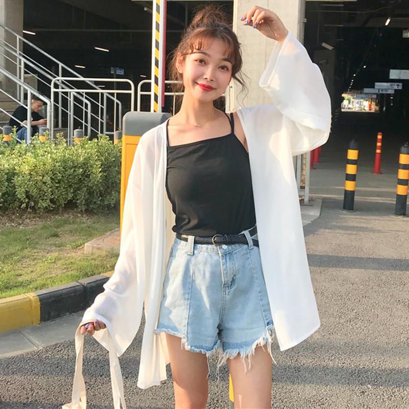 

White Chiffon Blouse Women Long Sleeve Beach Summer Shirts Casual Thin Sun Protection Tops Cardigan Korean Outwear Loose W614