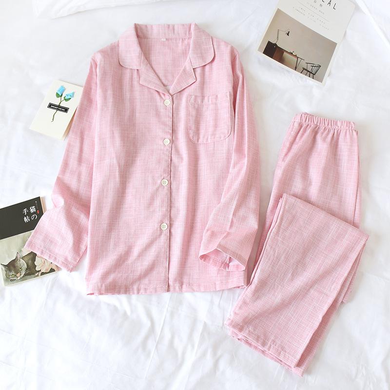 

Pajamas Lovers' Long Sleeve Pijamas Suit Cotton Gauze Men's&Women's Lapel Couple 2PCS Sleep Set Loose Nightwear, Gray women