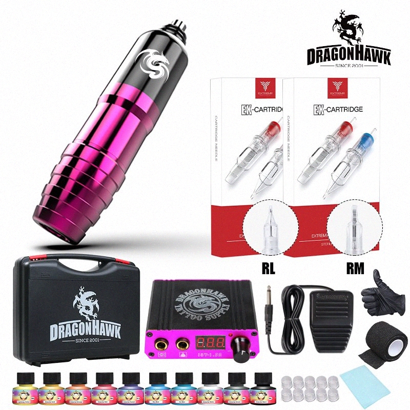 

Dragonhawk Complete Tattoo Machines Kit Tattoo Set Motor Pen Machine LCD Power Supply Needles Box Supplies RIja#
