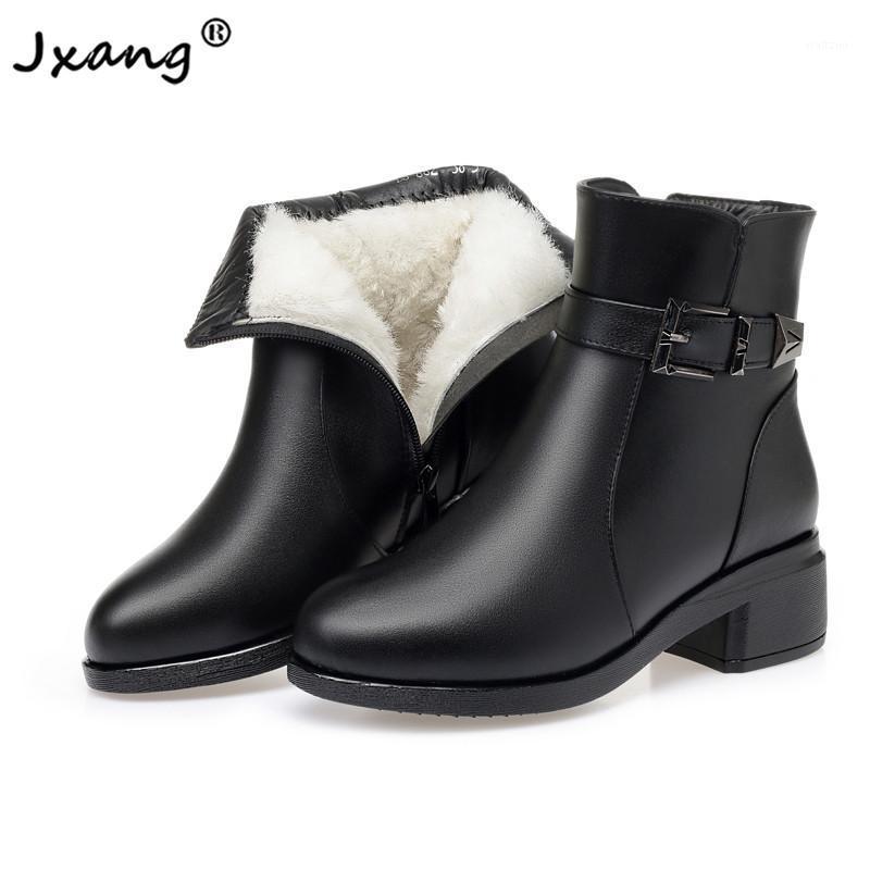 

JXANG 2020 Snow Boots Genuine Leather Warm Shoes Plush Fashion Ankle Boots Wool Women Thick Warm Platform for Woman Winter Shoes1, Black single