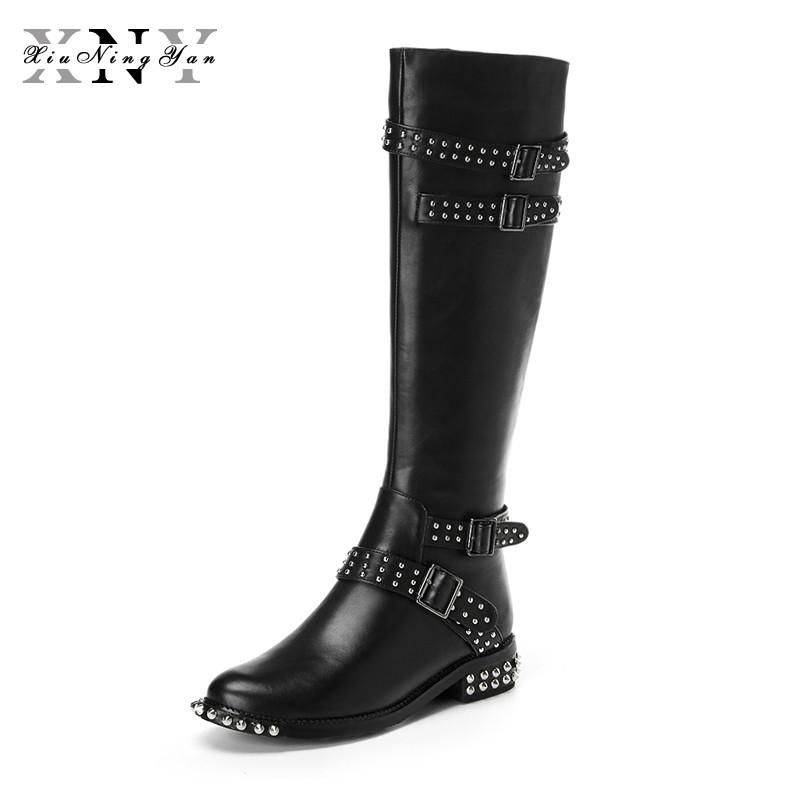 

XIUNINGYAN Shoes Woman Genuine Leather Women Knee-high Boots Supperstar Matin Boots Winter Snow Riding Rivet Women, Cow leather