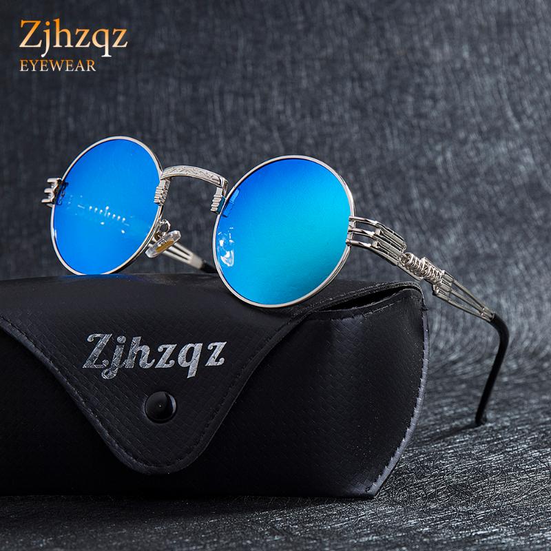 

ZJHZQZ Vintage Retro Gothic Steampunk Mirror Sunglasses Coating Black Lens Silver Blue Mirrored Round Fashion Shield Eyewear