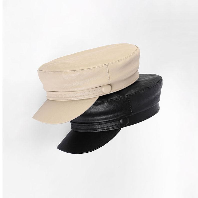 

Cool unisex pu leather hat autumn sailor hat for women men cap black female travel student captain army flat top1