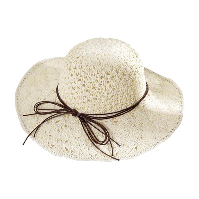 

Sun Proof Summer Beach Travel Wide Brim Bowknot Decor Foldable Seaside Casual Adjustable Women Straw Hat Outdoor UV Protection, Milky white