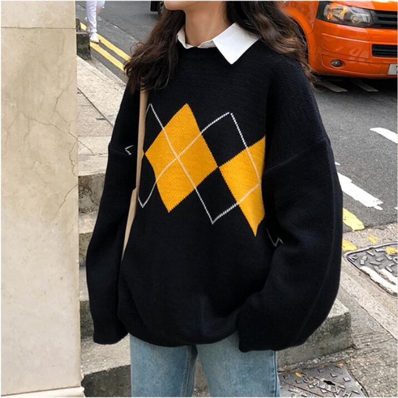 

Women Sweater Autumn Argyle Pattern Knitted Jumpers Pullovers Long Sleeve Korean Loose O-Neck Oversize Casual Winter Pull femme, Black