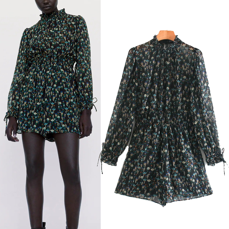 

2021 New Vintage Printed Chiffon Short Jumpsuit Women Fashion Ruched High Neck Long Sleeve Elastic Waist Casual Ladies Jumpsuits Zzbj, Print