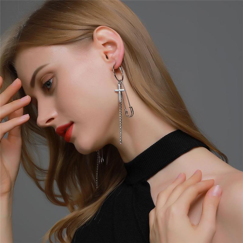 

LETAPI New Silver Color Metal Long Pin Cross Dangle Drop Earrings for Women Fashion Crystal Zircon Tassel Female Jewelry