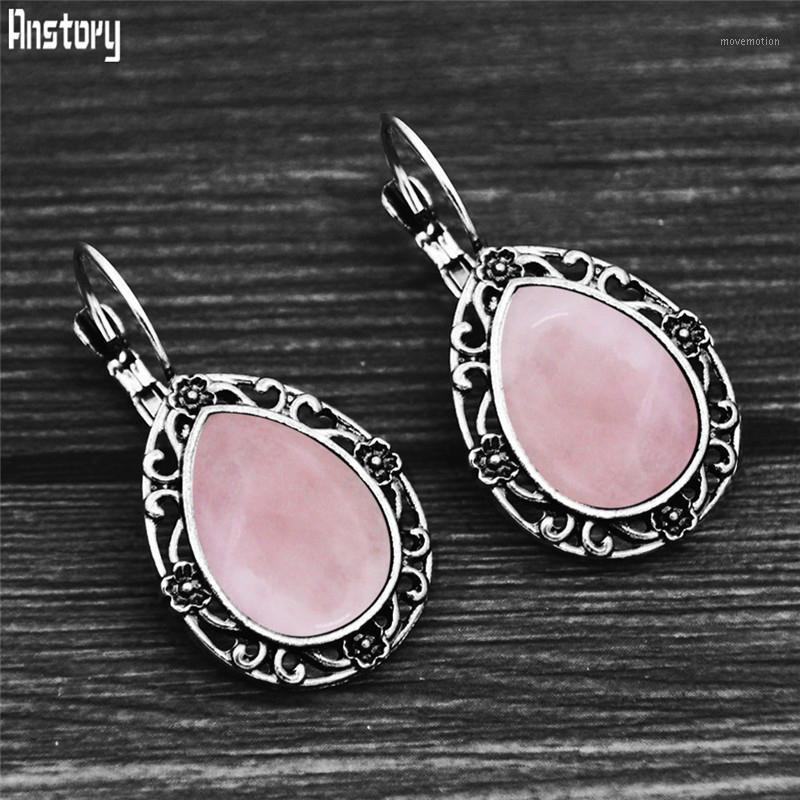 

Water Drop Pink Quartz Plant Flower Hook Earrings For Women Antique Silver Plated Fashion Jewelry1