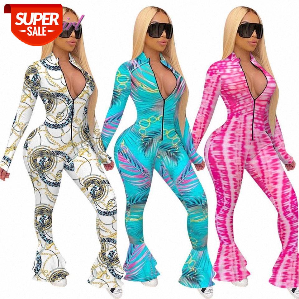 

Active Wear Women Casual Tie Dye Chain Print Zipper Up Bodycon Moto Biker Flare Jumpsuit Streetwear One Piece Romper Overalls #0x0y, Black;white