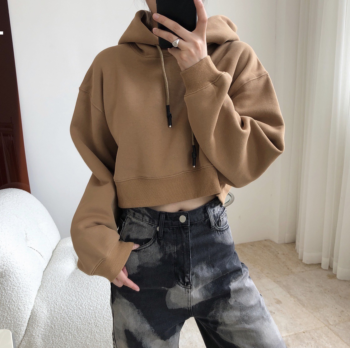 

Short-harvest 2021 New Upper Woman Sext Street Wear Hoodie Vintage Kpop Style Xmop 2SZS, Black