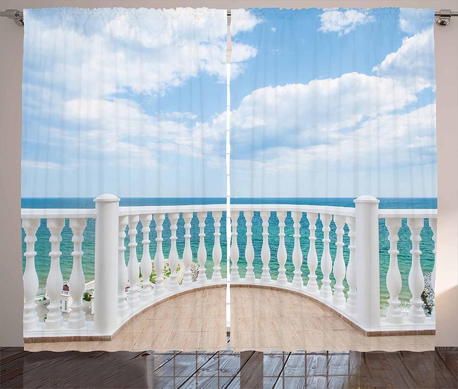 

White Curtains Ocean Sea Shoreline Sunny Day Balcony Clouds Clear Sky Image Living Room Bedroom Window Drapes Brown Sky1, As pic