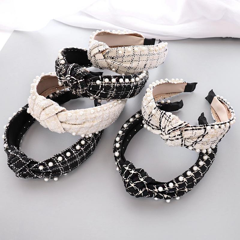 

1 Pc Ins Fashion Women Headbands Houndstooth Pearl Knot Hair Bands Hoops For Women Girls Elegant Fabric Lady Hair Accessories