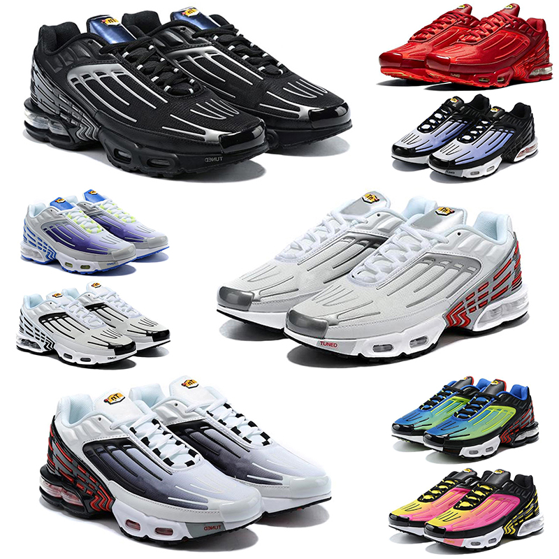 

WITH BOX designer TN Plus 3 Men Women Running Shoes Triple White Black Iridescent Blood Orange Purple Nebula Laser Blue Mens Womens outdoor sports sneakers, #1 triple white