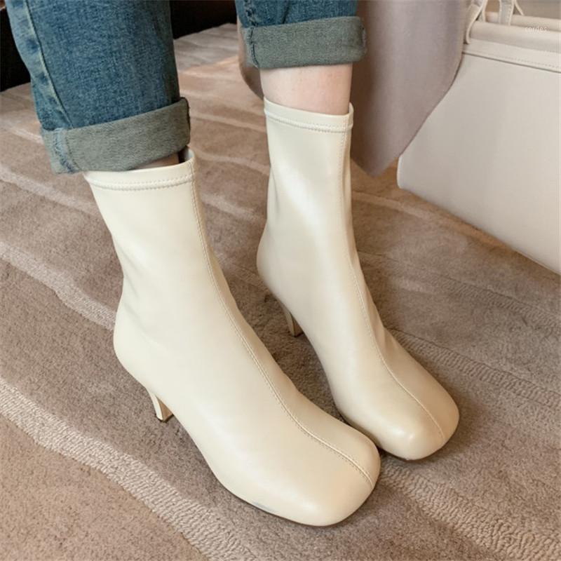 

PXELENA INS Hot Stretch PU Leather Sexy Ankle Boots Women Plus Size 34-41 Kitten High Heels Dress Party Office Date Shoes Lady1, Beige autumn