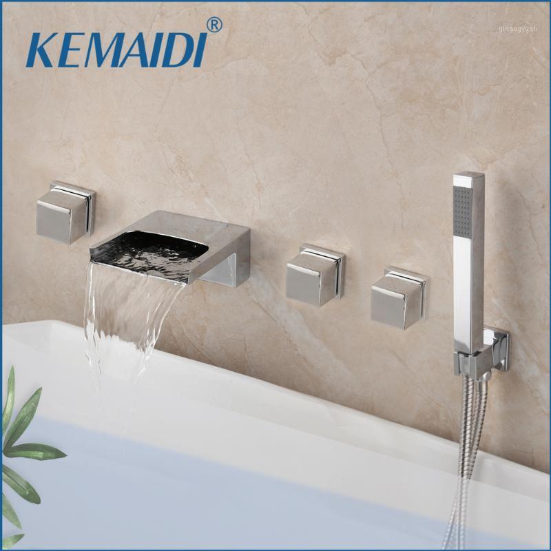 

KEMAIDI Solid Brass Bathroom Bathtub Waterfall Roman Tub 3 Handles 5pcs Faucet Mixer Taps Filler Faucet Handshower Chrome1