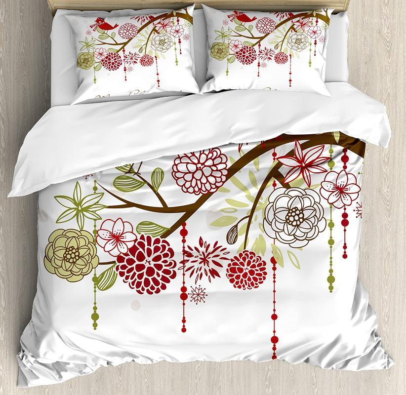 

Christmas Duvet Cover Set Sacred Floral Winter Red Bird Hat and Scarf on Blooming Tree Nature Inspired Bedding Set Green White1, As pic