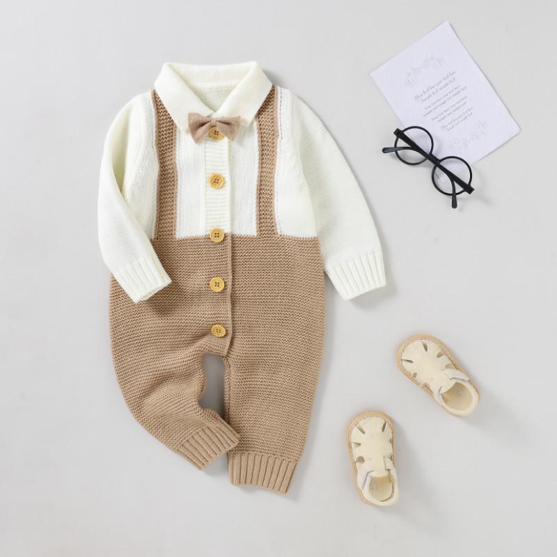

Jumpsuits Baby Boy Autumn Jumpsuit, Splicing Color Lapel Long Sleeve Knitted Rompers With Buttons For Toddlers, 0-18 Months, 4 Colors, Blue