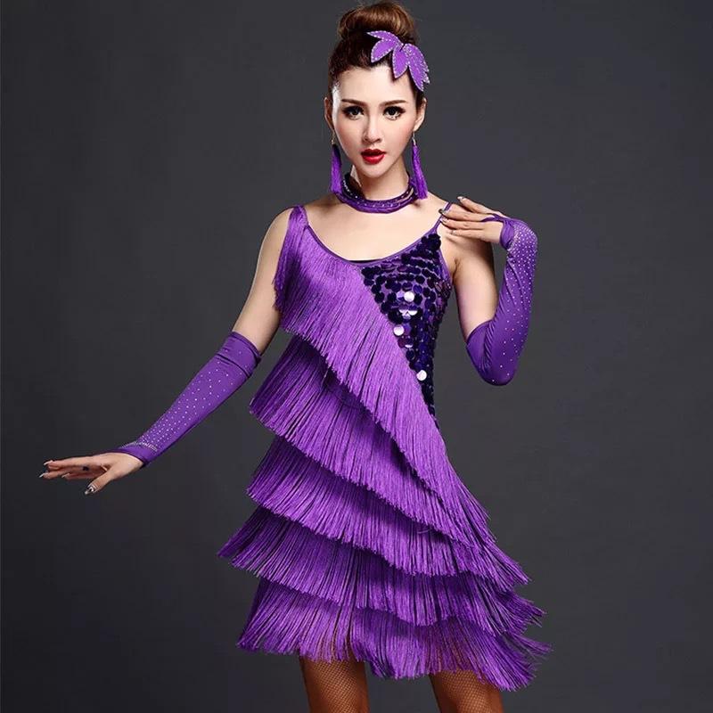 

2pcs/set Latin Dance Costume Summer Performance Sequin Fringe Adult Female Competition Dresses with Gloves, Blue