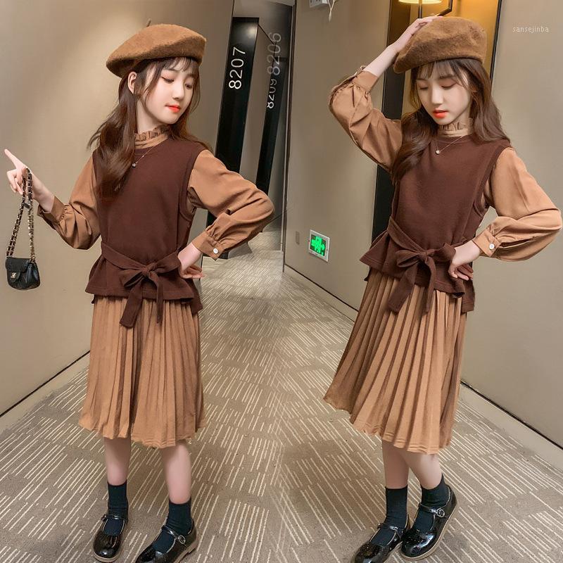 

Girls fashion dress set 2020 new children's spring and autumn armor pleated skirt Korean two-piece set1, Brown