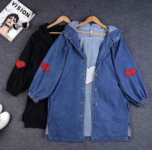 

New Super-big Women Bat Sleeves with Hoodie Love Embroidered Jacket Custom Jeans Wgi4, Black