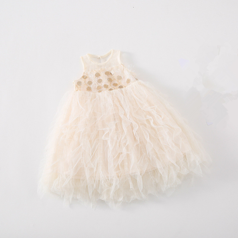 

2021 New Summer Girls Bridesmaid Sequined Baby Toddler Kids Fashion Party Lace Sleeveless Wedding Princess Es Ball Gown 1-5y Vmkl, Beige