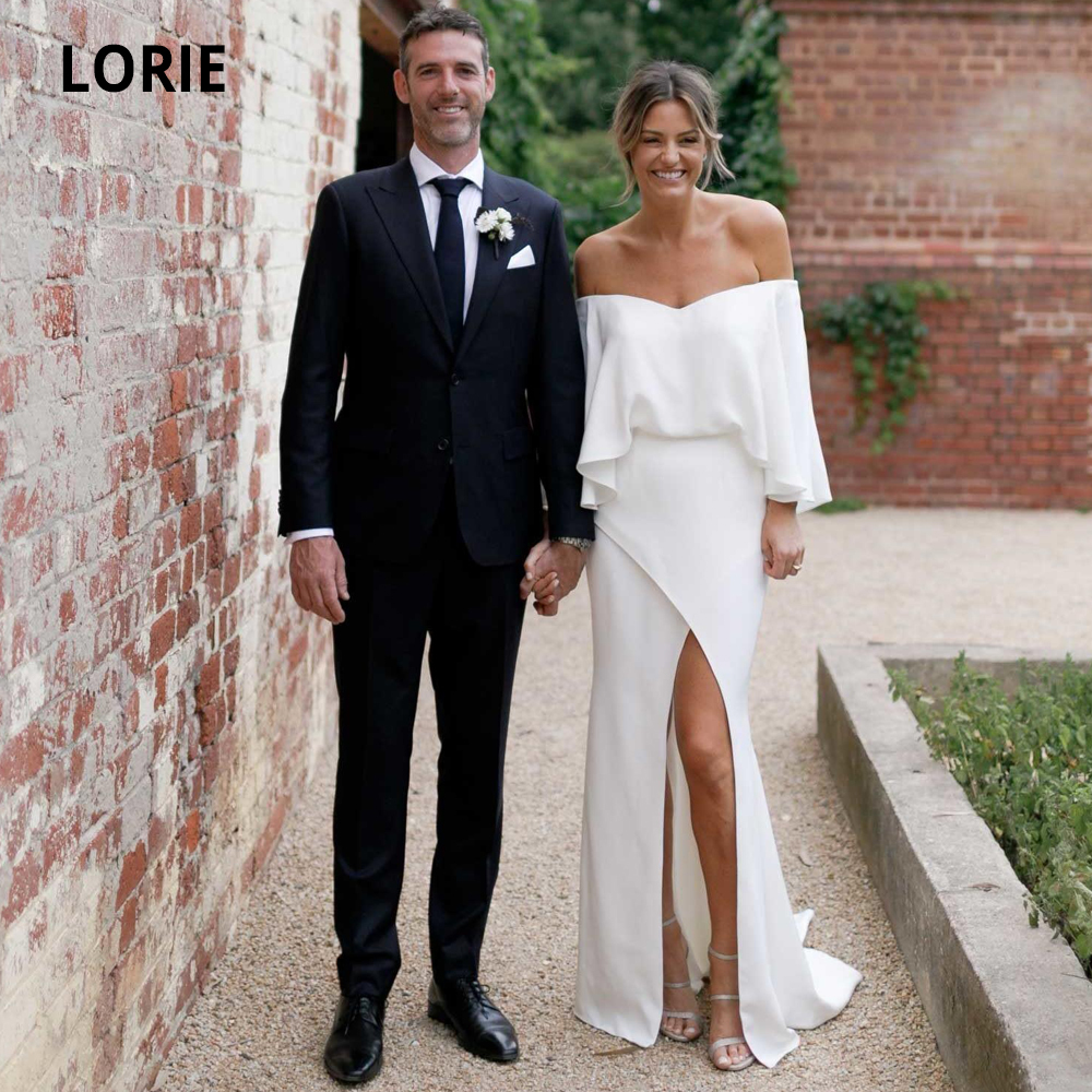 

LORIE White Soft Satin Wedding Dresses Mermaid 2020 Off the Shoulder Long Sleeve Elegant Beach Bride Gown with Slit Plus Size Q1113, Black