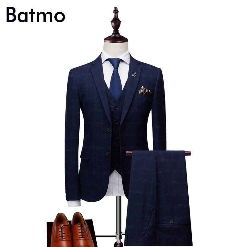 

BATMO 2020 new arrival high quality skinny casual plaid suits men,men's wedding dress,jackets+pants+vest XZ162, Black