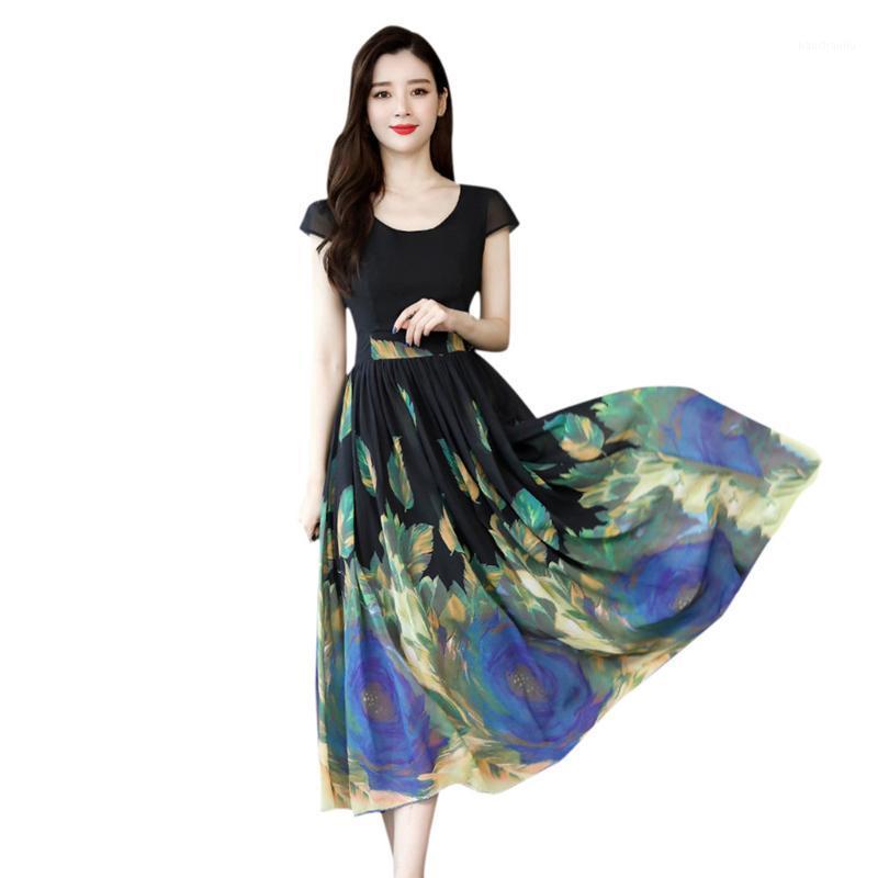 

Women Summer Beach Dress Casual Short Sleeve Long Dress Boho Floral Print Slim Party Turtleneck Sashes Dresses Vestidos#Y21