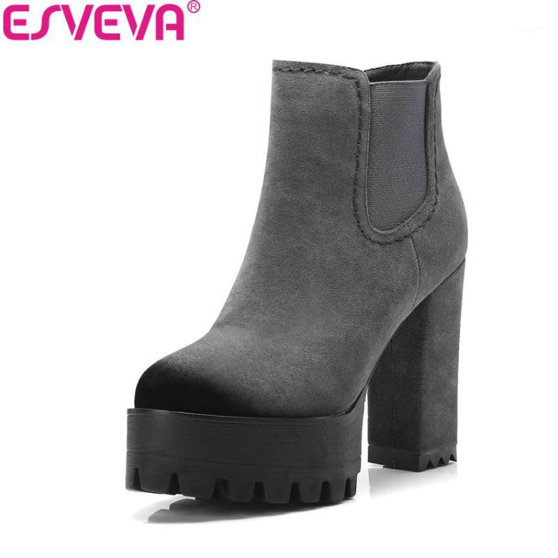 

ESVEVA 2020 Woman Shoes Platform 3cm Zip PU Boots Ankle Boots Round Toe Square High Heels Solid Casual Shoes Size 34-421, Black