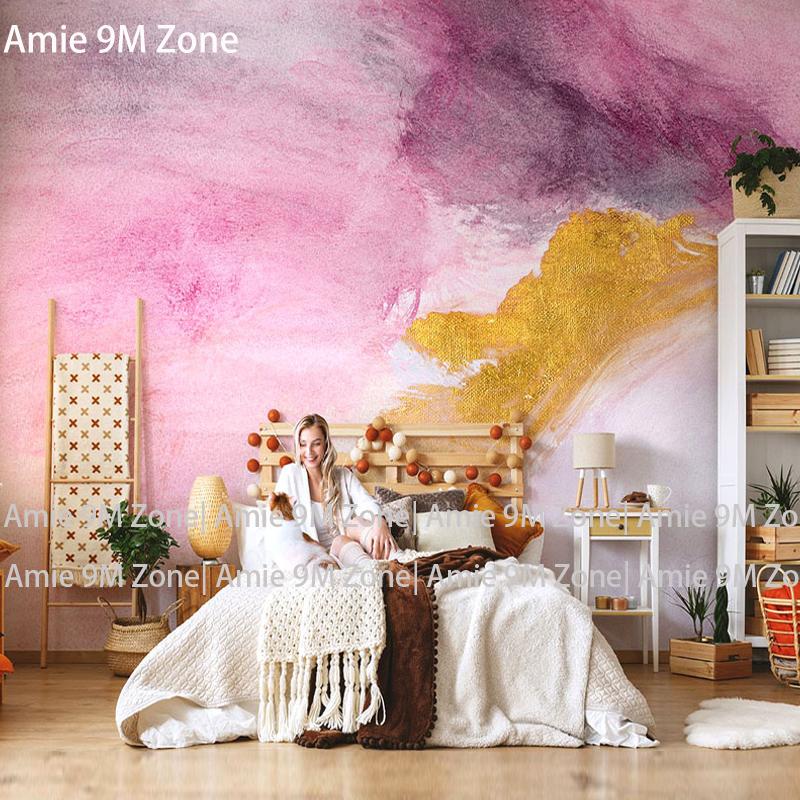 

Tuya Art boho chic fashion light pink and gold painting art mural wallpapers for living room wall decor girl's room wall-paper