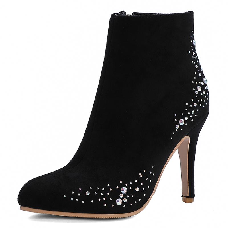 

Oversized Cow Suede Rhinestone Super High Heel Ankle Boots Stiletto Flock Pink Ankle Boots Nubuck Leather Gray Side High Heels, Black