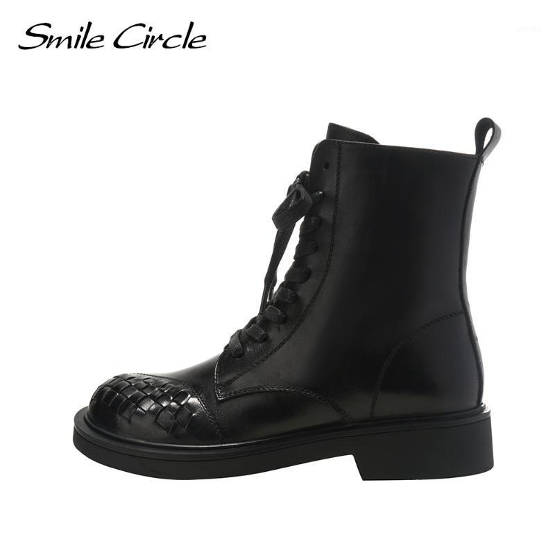 

Smile Circle Cow leather Motorcycle Boots Women Flats Platform Ladies shoes winter Fashion Round toe Short Boots1, Black