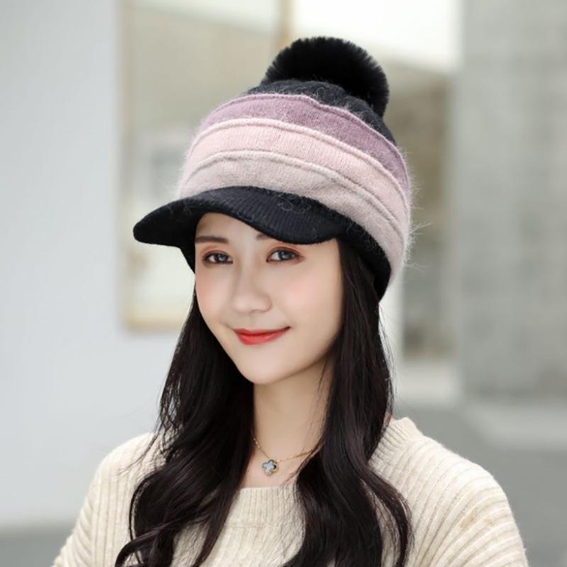 

Womens Winter Warm Thick Plush Lined Visor Beanie Hat Female Ladies Multicolor Stripes Knitted Pompom Hats Peaked Cap, Black